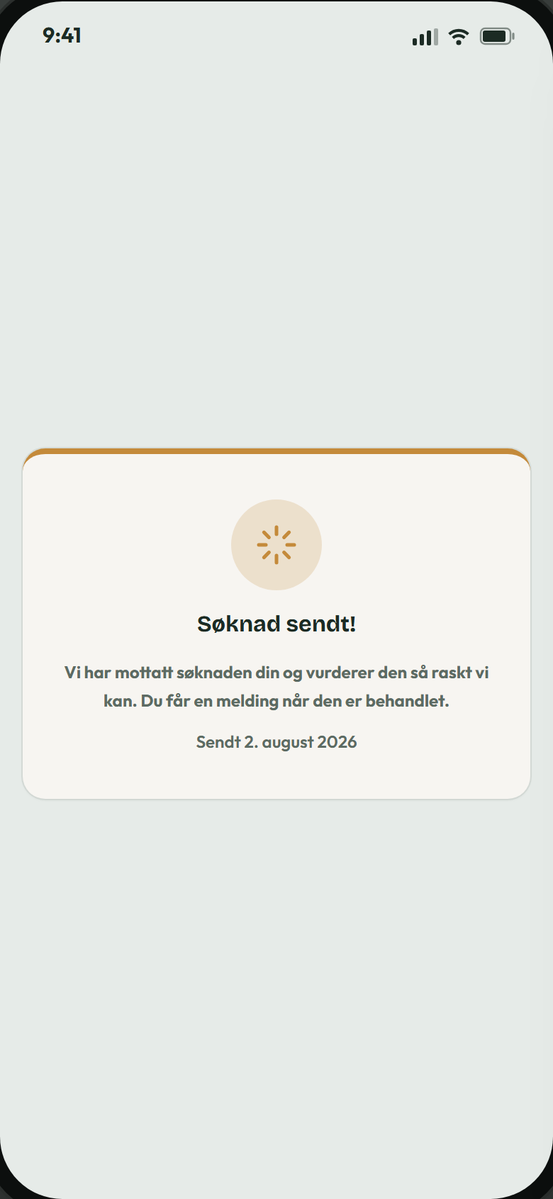 Statusskjerm «Søknad sendt!» som bekrefter at søknaden er mottatt